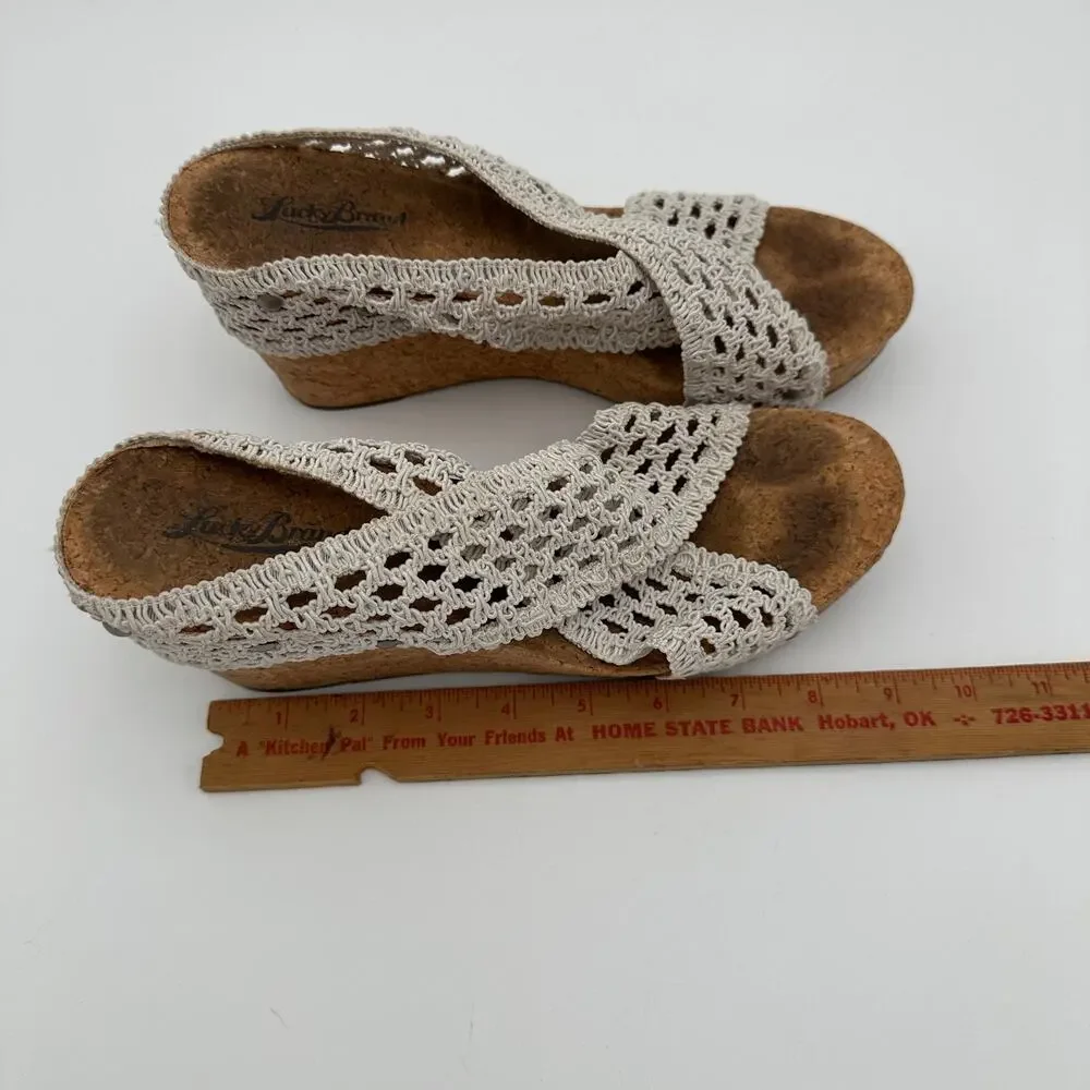 Lucky Brand Macrame Upper Cork Boho Wedge Sandals Womens Size 8.5 Ivory
